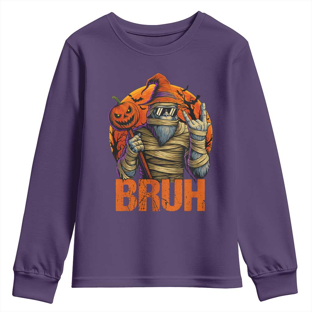 Funny Halloween Bigfoot Youth Sweatshirt Bruh Spooky Mummy Sasquatch Jack O Lantern TS11 Purple Print Your Wear