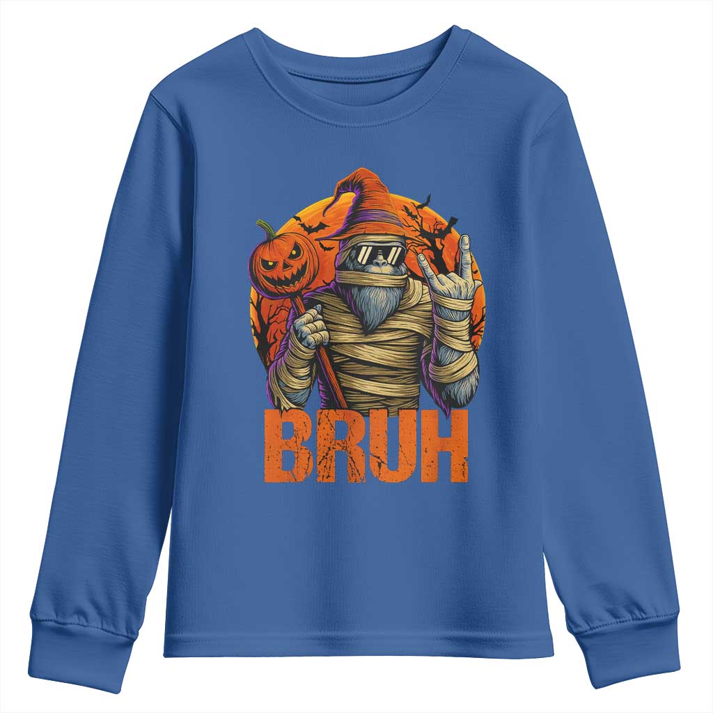 Funny Halloween Bigfoot Youth Sweatshirt Bruh Spooky Mummy Sasquatch Jack O Lantern TS11 Royal Blue Print Your Wear
