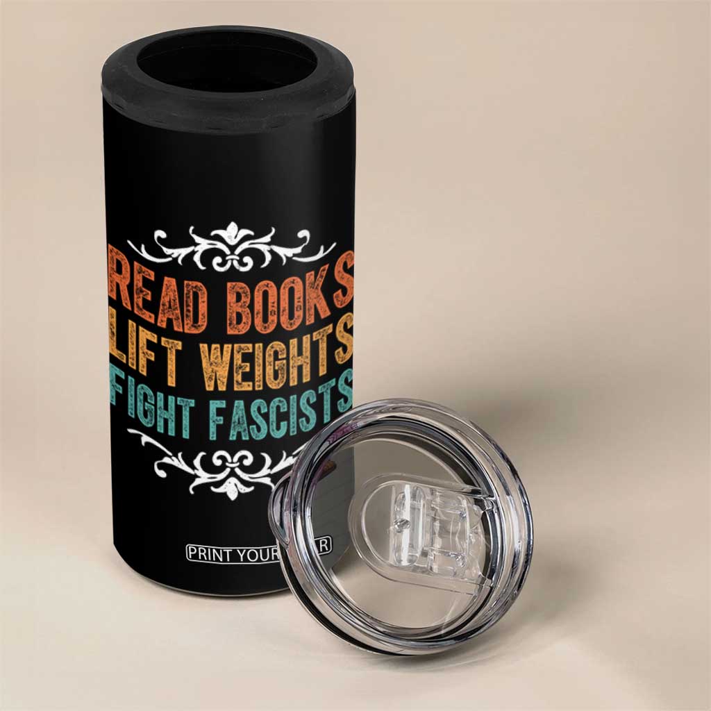 Read Books Lift Weights Fight Fascists 4 in 1 Can Cooler Tumbler Reading Activism TS11 Print Your Wear