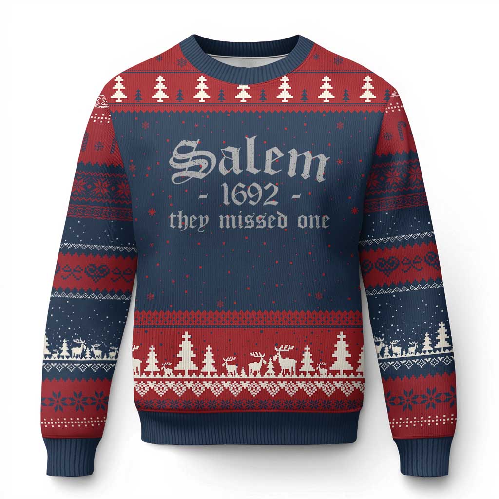 Salem 1692 They Missed One Ugly Christmas Sweater Halloween Feminist Witch Trials Gothic TS11 Navy Red Print Your Wear