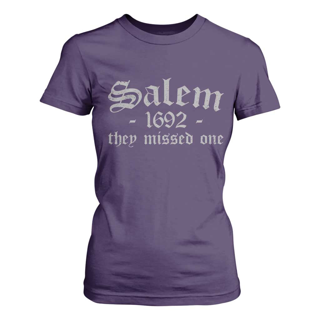 Salem 1692 They Missed One T Shirt For Women Halloween Feminist Witch Trials Gothic TS11 Purple Print Your Wear