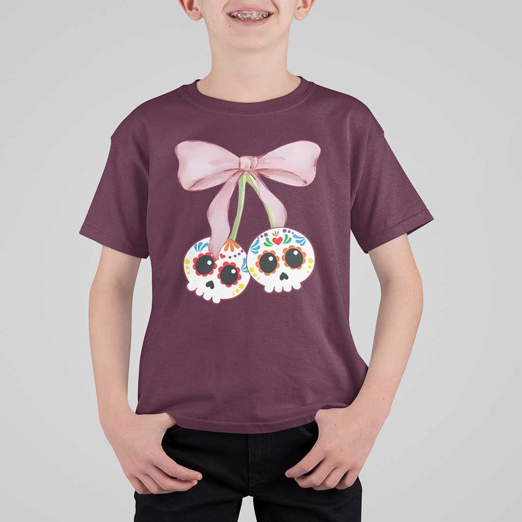 Day Of The Dead T Shirt For Kid Sugar Skull Pink Bow Coquette Aesthetic TS11 Maroon Print Your Wear