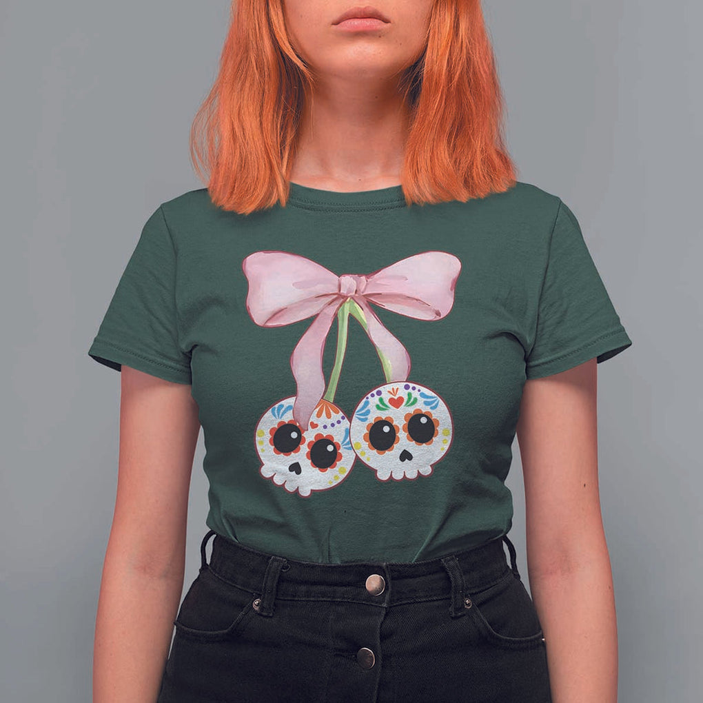 Day Of The Dead T Shirt For Women Sugar Skull Pink Bow Coquette Aesthetic TS11 Dark Forest Green Print Your Wear