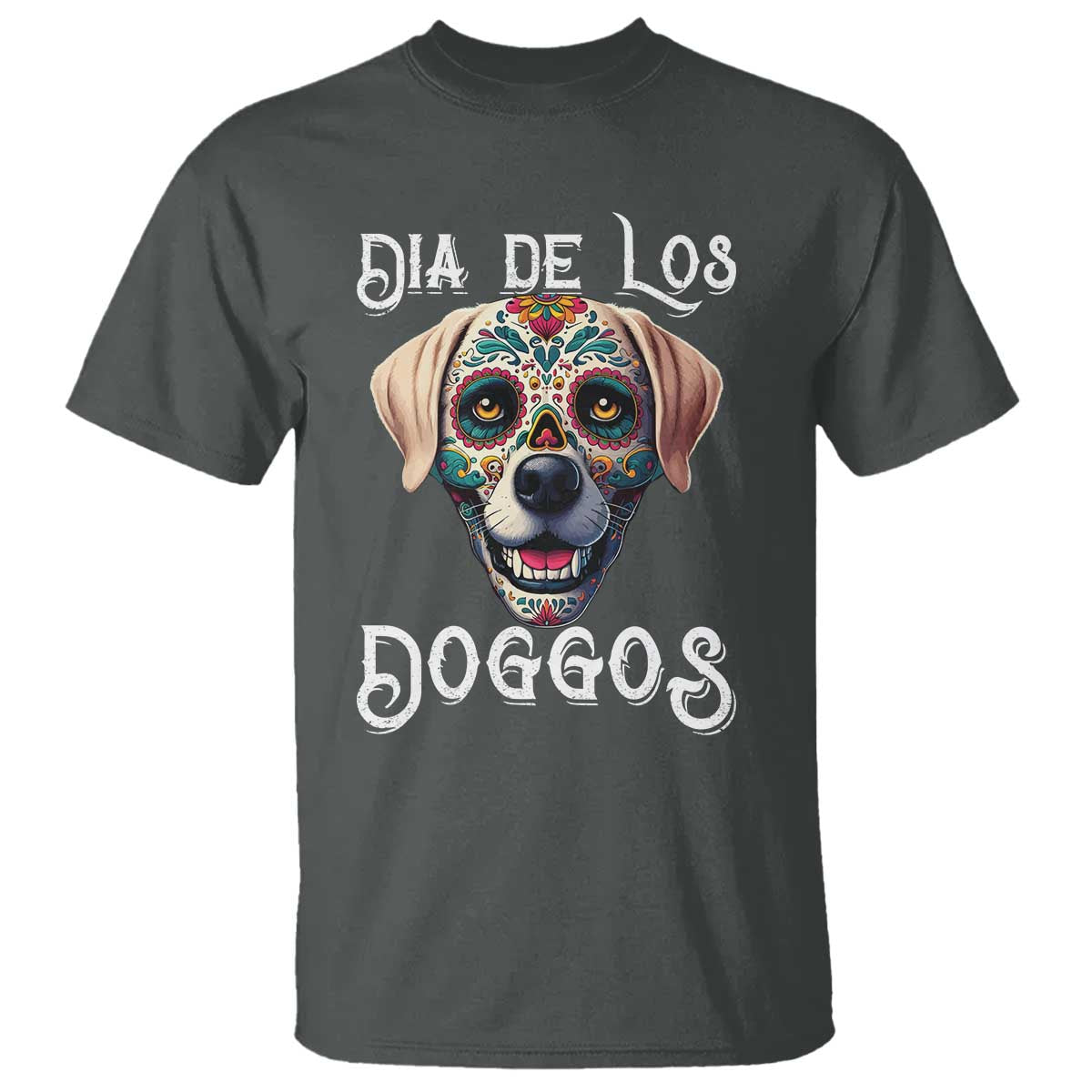 Day Of The Dead T Shirt Dia De Los Doggos Dog Calaca Face Painting TS11 Dark Heather Print Your Wear