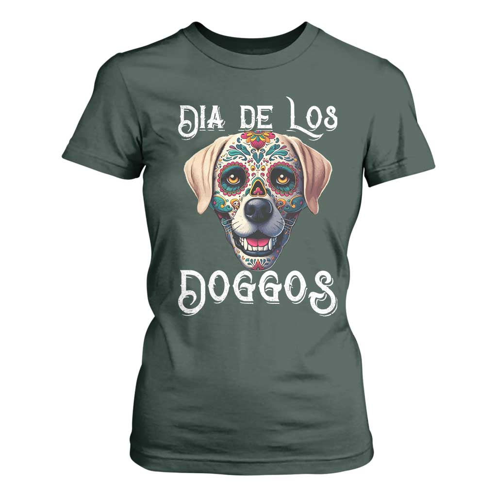 Day Of The Dead T Shirt For Women Dia De Los Doggos Dog Calaca Face Painting TS11 Dark Forest Green Print Your Wear