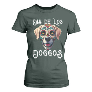 Day Of The Dead T Shirt For Women Dia De Los Doggos Dog Calaca Face Painting TS11 Dark Forest Green Print Your Wear