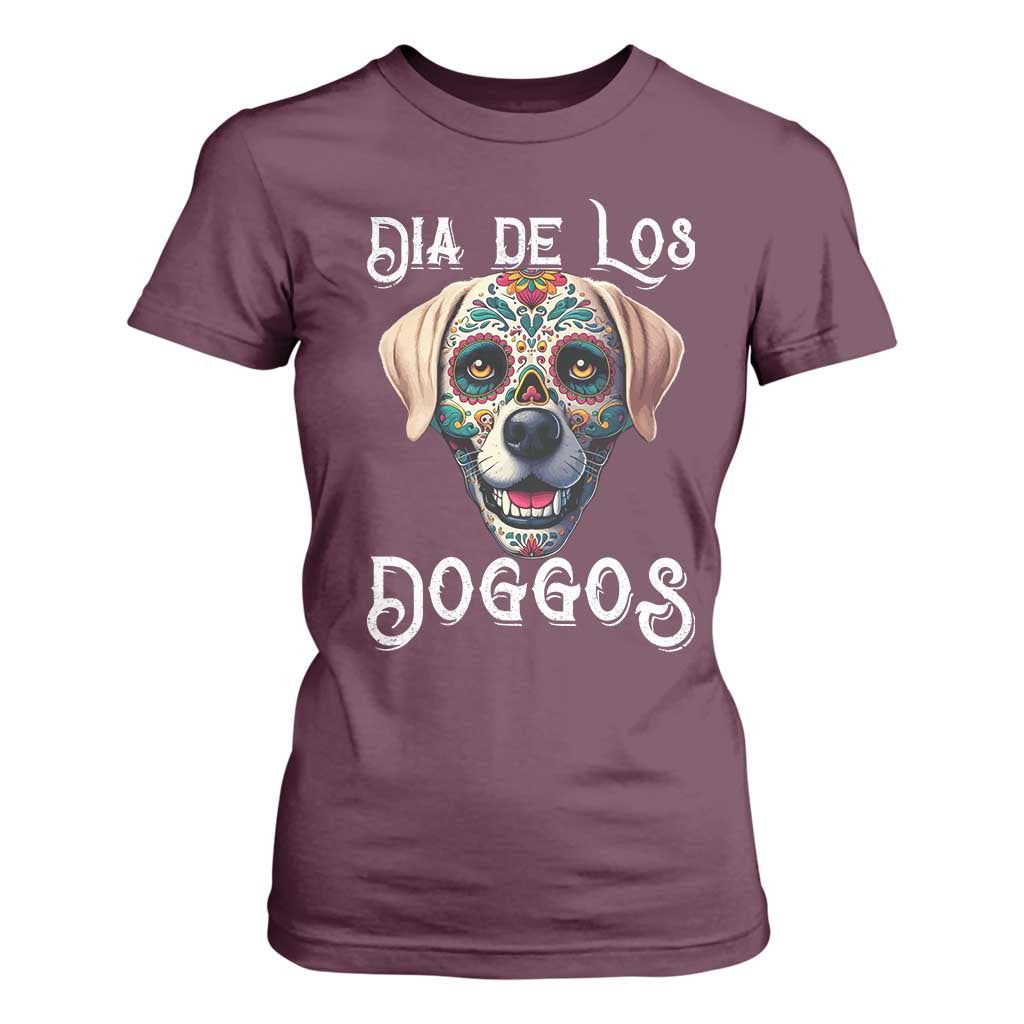 Day Of The Dead T Shirt For Women Dia De Los Doggos Dog Calaca Face Painting TS11 Maroon Print Your Wear