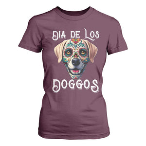 Day Of The Dead T Shirt For Women Dia De Los Doggos Dog Calaca Face Painting TS11 Maroon Print Your Wear