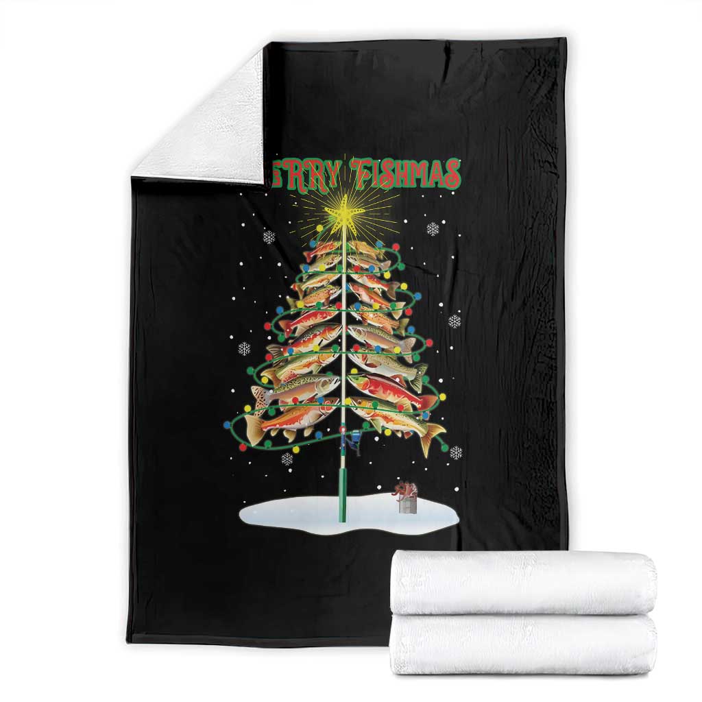 Funny Christmas Fishing Throw Blanket Merry Fishmas Fish Xmas Tree Star TS11 Black Print Your Wear