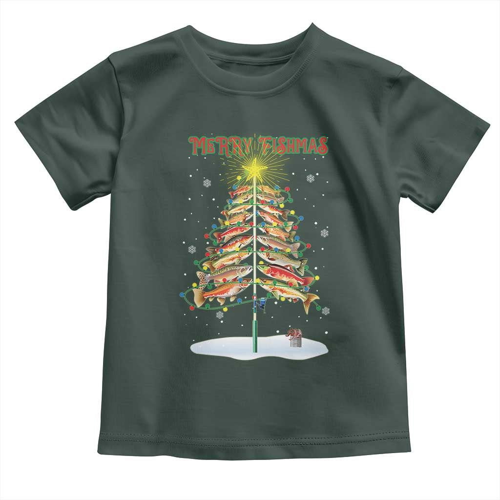 Funny Christmas Fishing Baby Shirt Merry Fishmas Fish Xmas Tree Star TS11 Dark Forest Green Print Your Wear