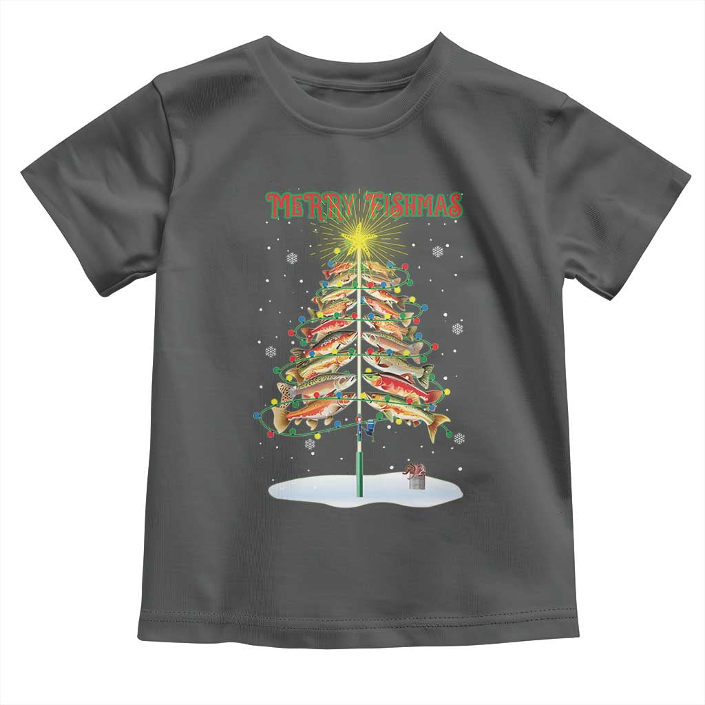 Funny Christmas Fishing Baby Shirt Merry Fishmas Fish Xmas Tree Star TS11 Dark Heather Print Your Wear