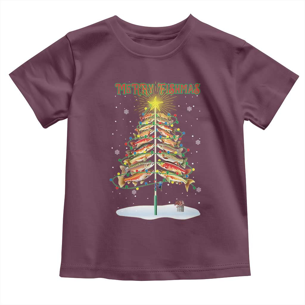 Funny Christmas Fishing Baby Shirt Merry Fishmas Fish Xmas Tree Star TS11 Maroon Print Your Wear
