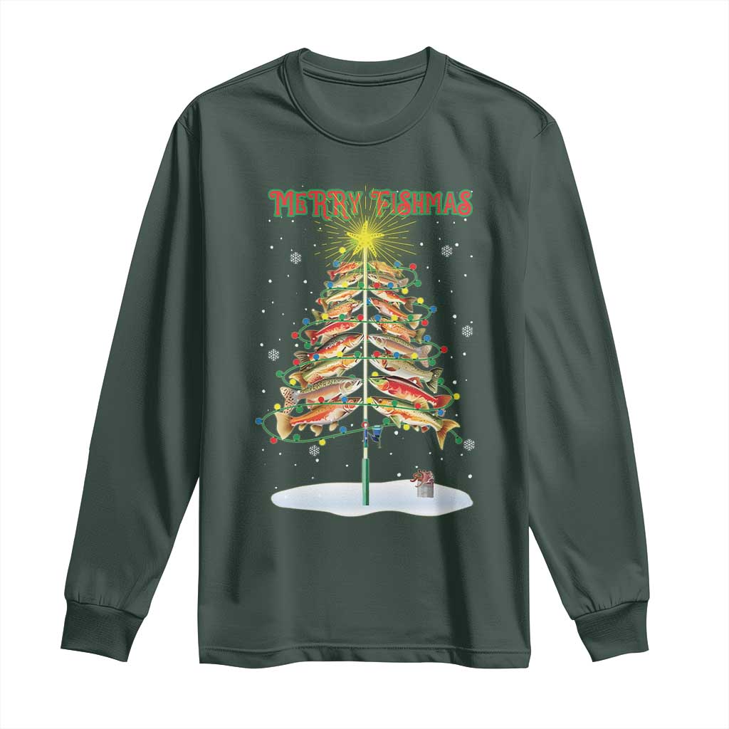 Funny Christmas Fishing Long Sleeve Shirt Merry Fishmas Fish Xmas Tree Star TS11 Dark Forest Green Print Your Wear