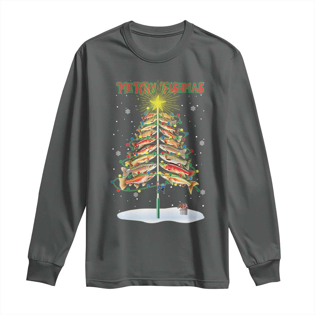 Funny Christmas Fishing Long Sleeve Shirt Merry Fishmas Fish Xmas Tree Star TS11 Dark Heather Print Your Wear