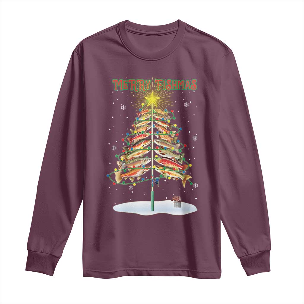 Funny Christmas Fishing Long Sleeve Shirt Merry Fishmas Fish Xmas Tree Star TS11 Maroon Print Your Wear