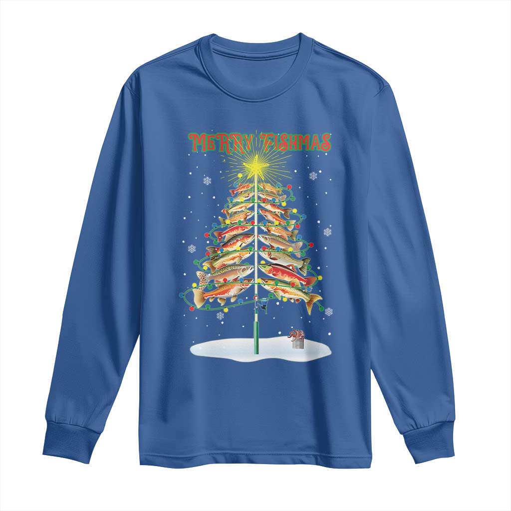 Funny Christmas Fishing Long Sleeve Shirt Merry Fishmas Fish Xmas Tree Star TS11 Royal Blue Print Your Wear