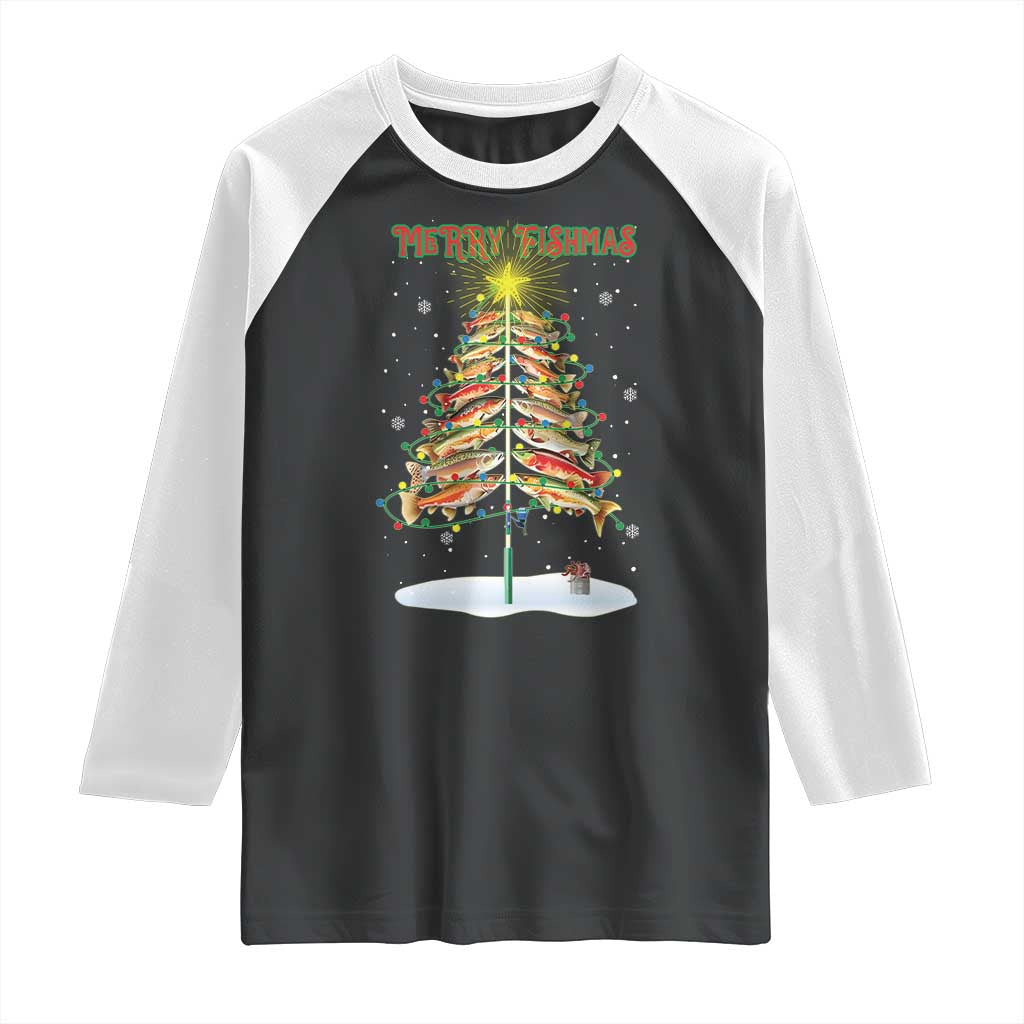 Funny Christmas Fishing Raglan Shirt Merry Fishmas Fish Xmas Tree Star TS11 Black White Print Your Wear
