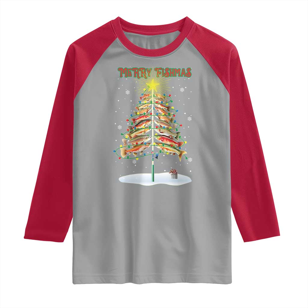 Funny Christmas Fishing Raglan Shirt Merry Fishmas Fish Xmas Tree Star TS11 Sport Gray Red Print Your Wear