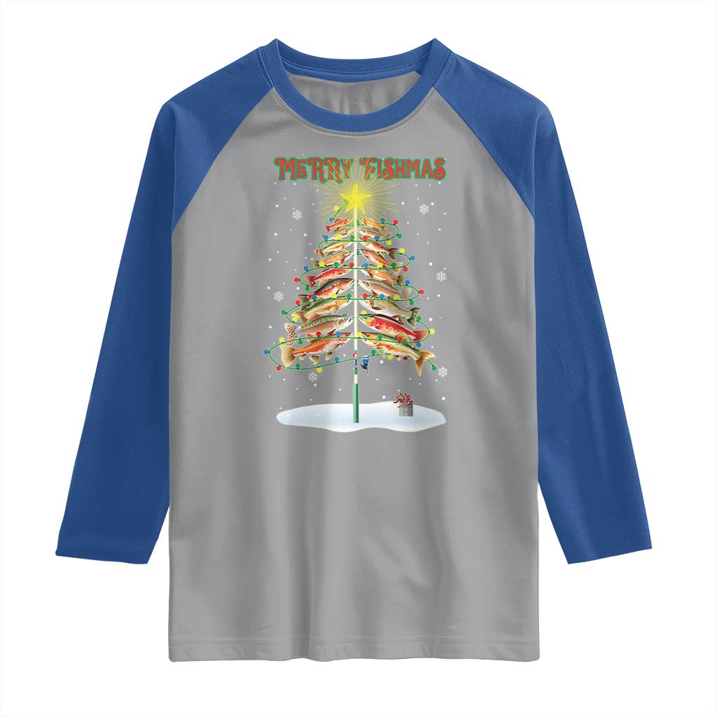 Funny Christmas Fishing Raglan Shirt Merry Fishmas Fish Xmas Tree Star TS11 Sport Gray Royal Print Your Wear