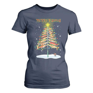Funny Christmas Fishing T Shirt For Women Merry Fishmas Fish Xmas Tree Star TS11 Navy Print Your Wear