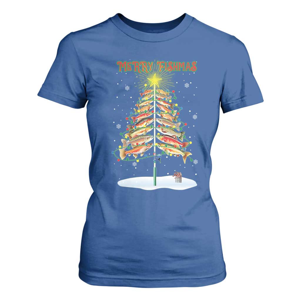 Funny Christmas Fishing T Shirt For Women Merry Fishmas Fish Xmas Tree Star TS11 Royal Blue Print Your Wear
