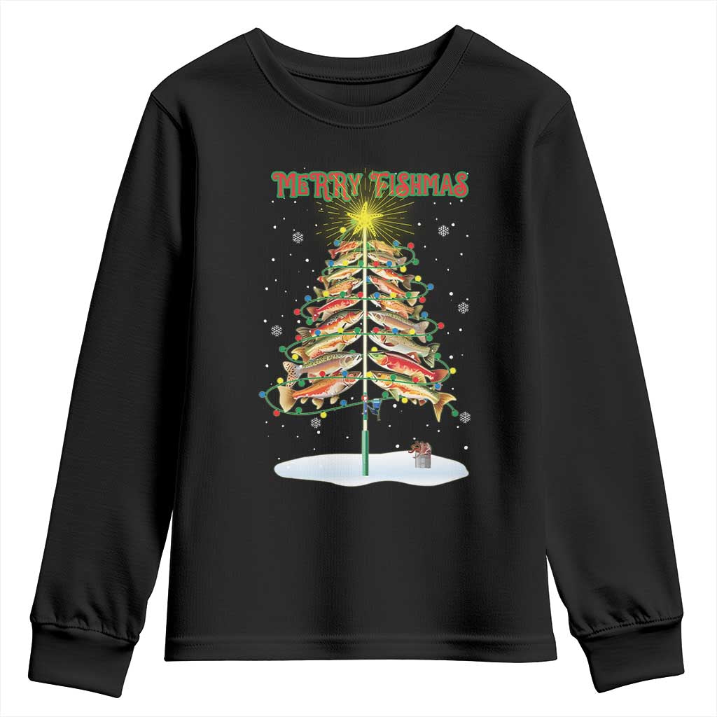 Funny Christmas Fishing Youth Sweatshirt Merry Fishmas Fish Xmas Tree Star TS11 Black Print Your Wear