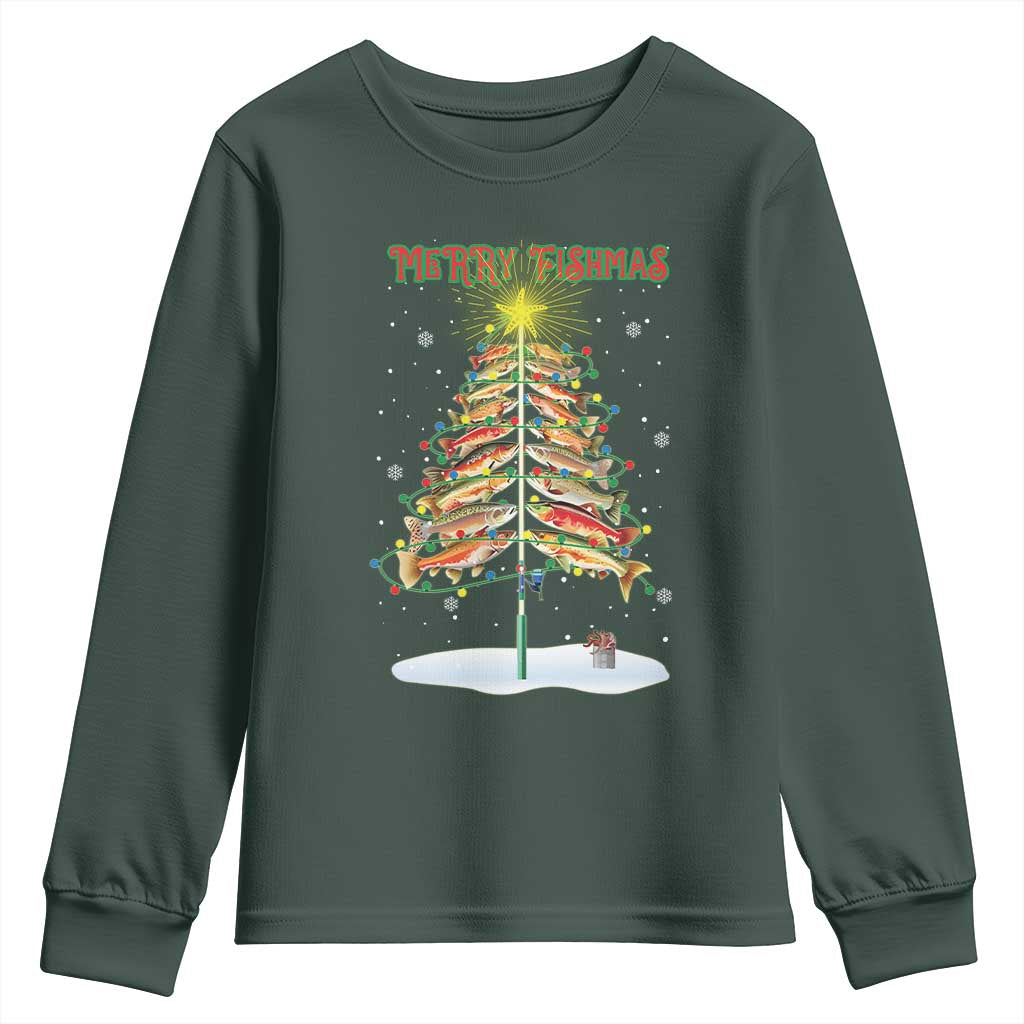 Funny Christmas Fishing Youth Sweatshirt Merry Fishmas Fish Xmas Tree Star TS11 Dark Forest Green Print Your Wear