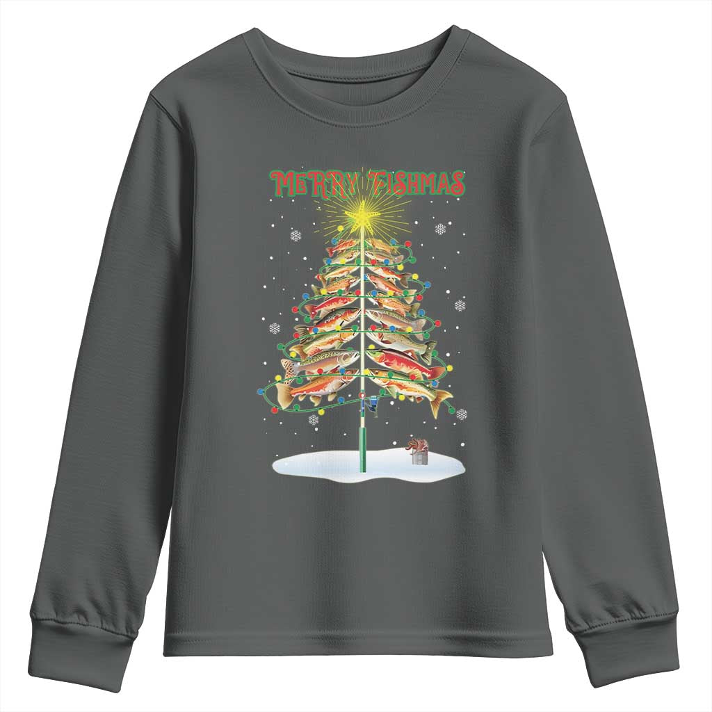 Funny Christmas Fishing Youth Sweatshirt Merry Fishmas Fish Xmas Tree Star TS11 Dark Heather Print Your Wear