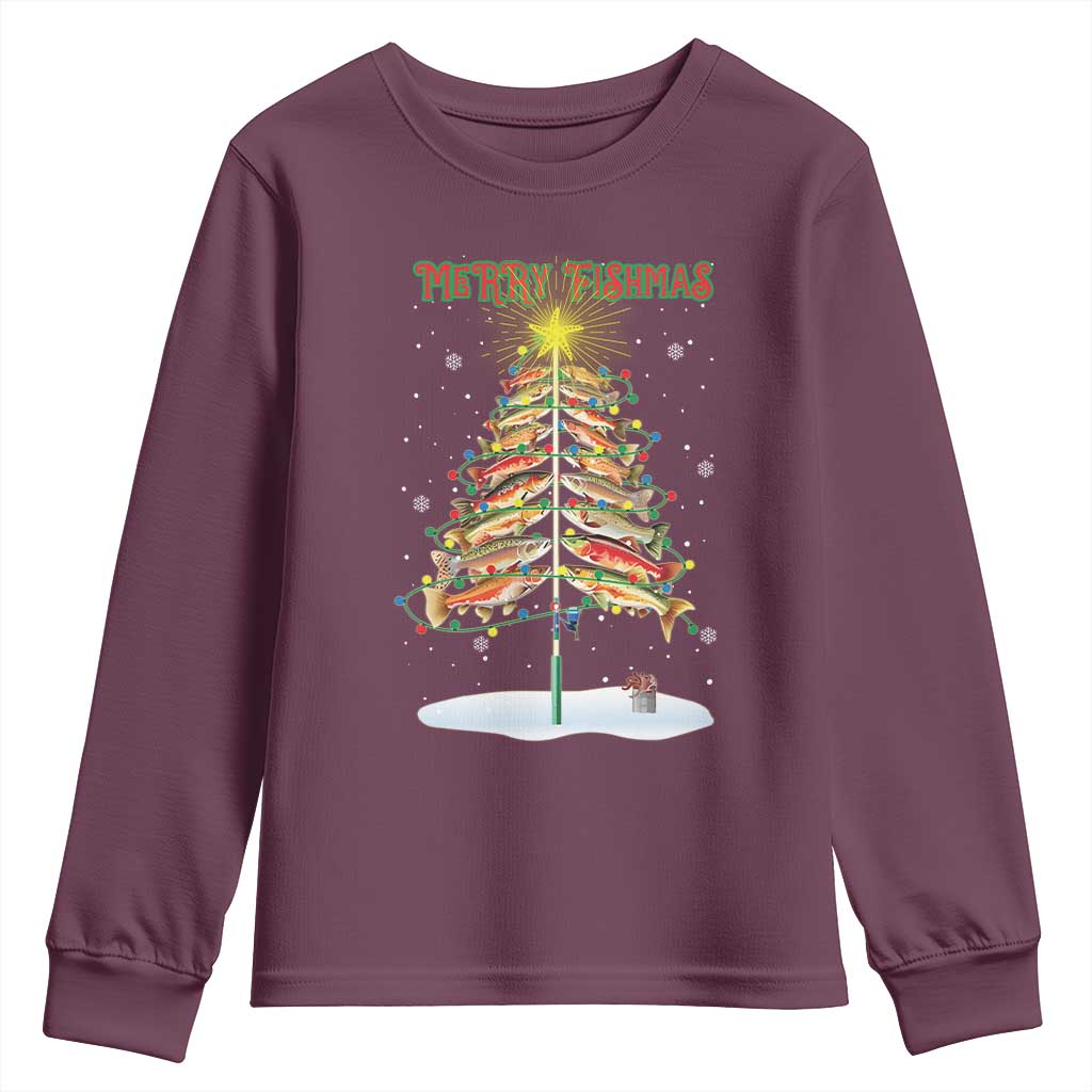 Funny Christmas Fishing Youth Sweatshirt Merry Fishmas Fish Xmas Tree Star TS11 Maroon Print Your Wear