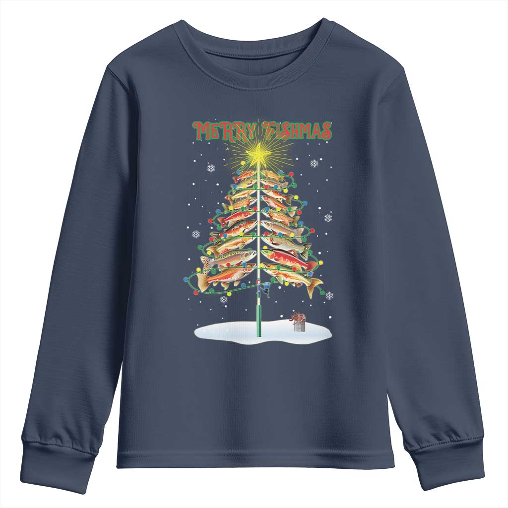 Funny Christmas Fishing Youth Sweatshirt Merry Fishmas Fish Xmas Tree Star TS11 Navy Print Your Wear