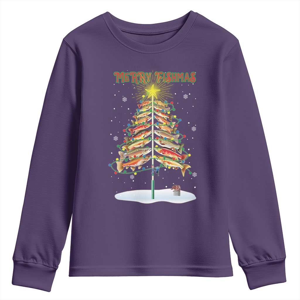 Funny Christmas Fishing Youth Sweatshirt Merry Fishmas Fish Xmas Tree Star TS11 Purple Print Your Wear