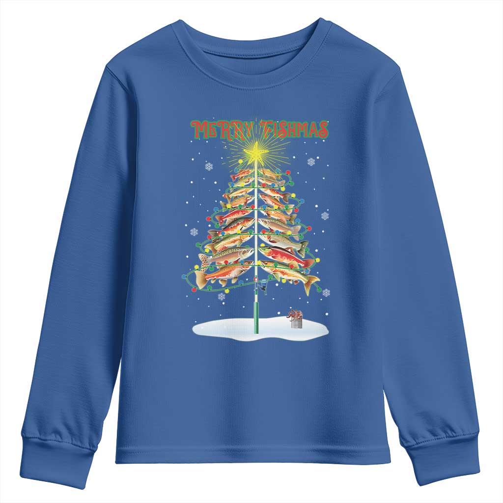 Funny Christmas Fishing Youth Sweatshirt Merry Fishmas Fish Xmas Tree Star TS11 Royal Blue Print Your Wear