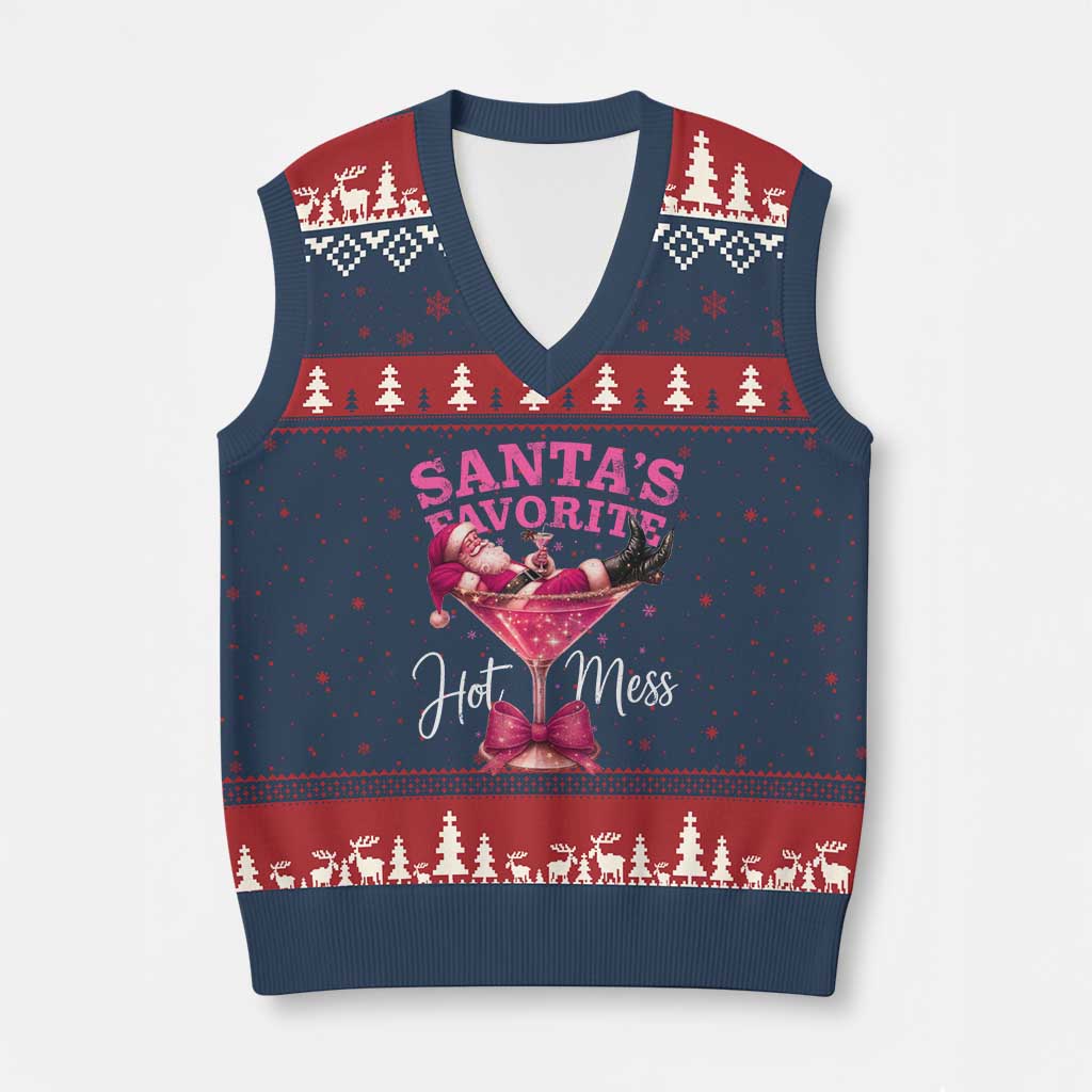Funny Xmas Santas Favorite Hot Mess V-Neck Knit Sweater Vest Xmas Drinking Party TS11 Navy Red Print Your Wear
