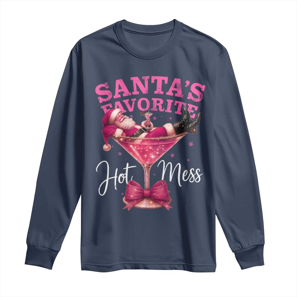 Funny Christmas Santas Favorite Hot Mess Long Sleeve Shirt Xmas Drinking Party TS11 Navy Print Your Wear