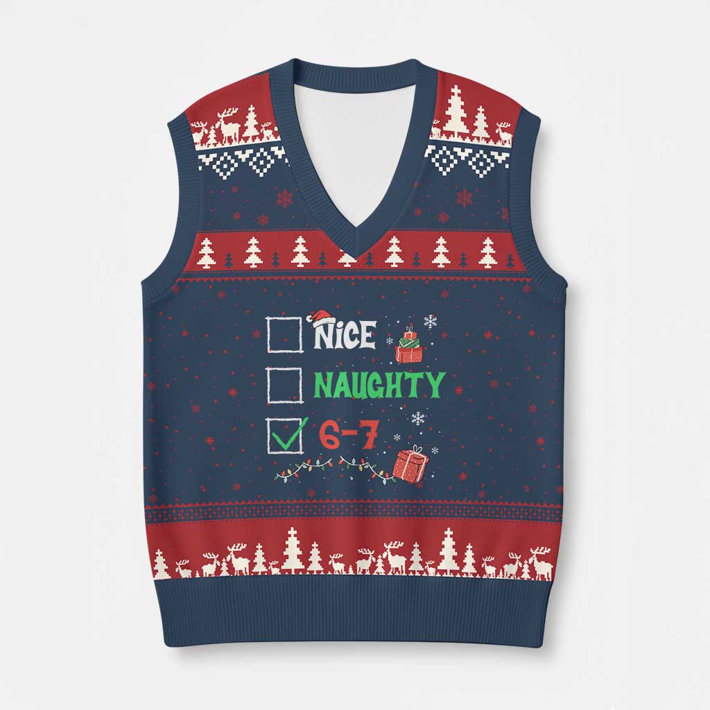 Funny 67 Christmas V-Neck Knit Sweater Vest Nice Naughty 67 Xmas Checklist TS11 Navy Red Print Your Wear