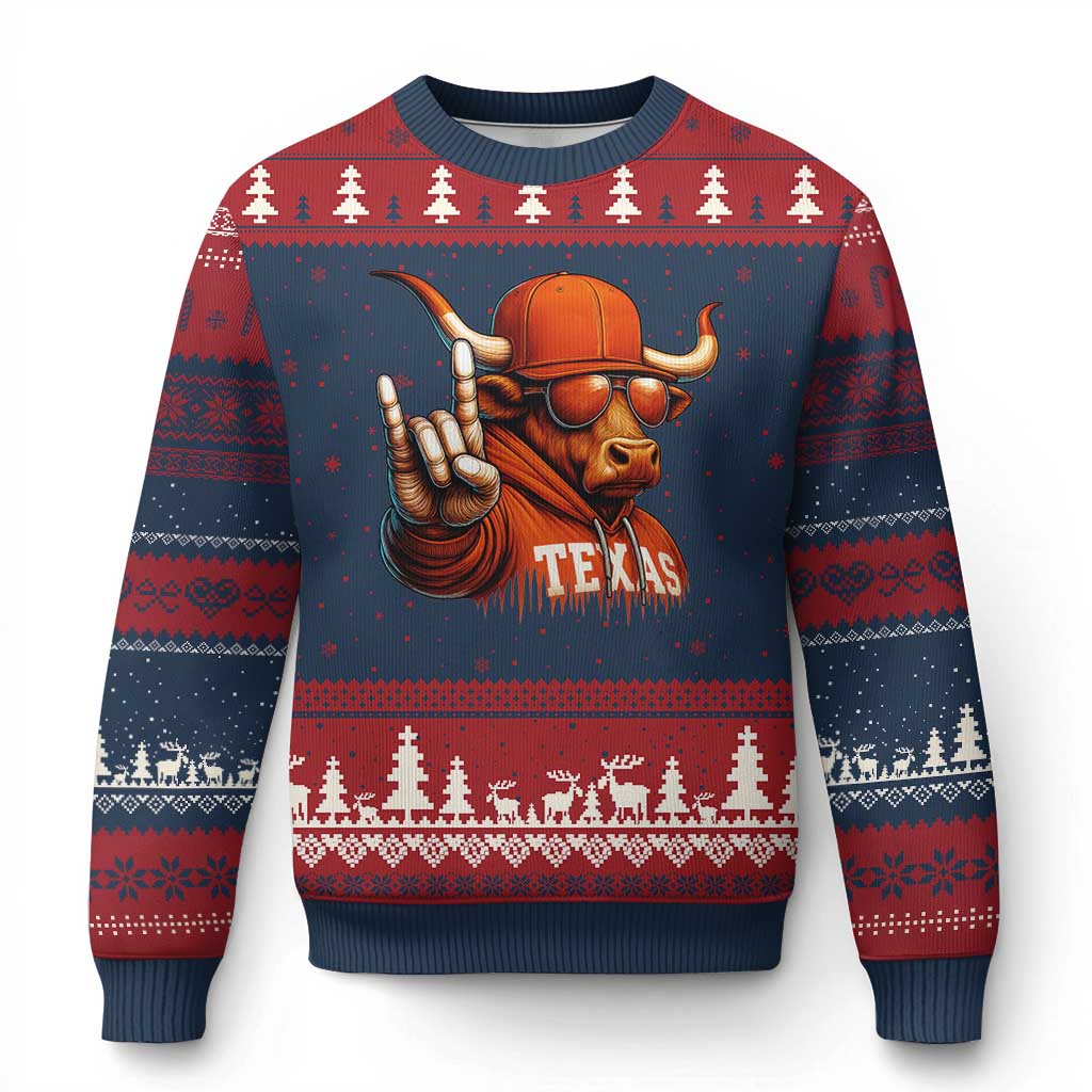 TFL Football Lover Ugly Christmas Sweater Orange Cow Rock Hand Sign TS11 Navy Red Print Your Wear