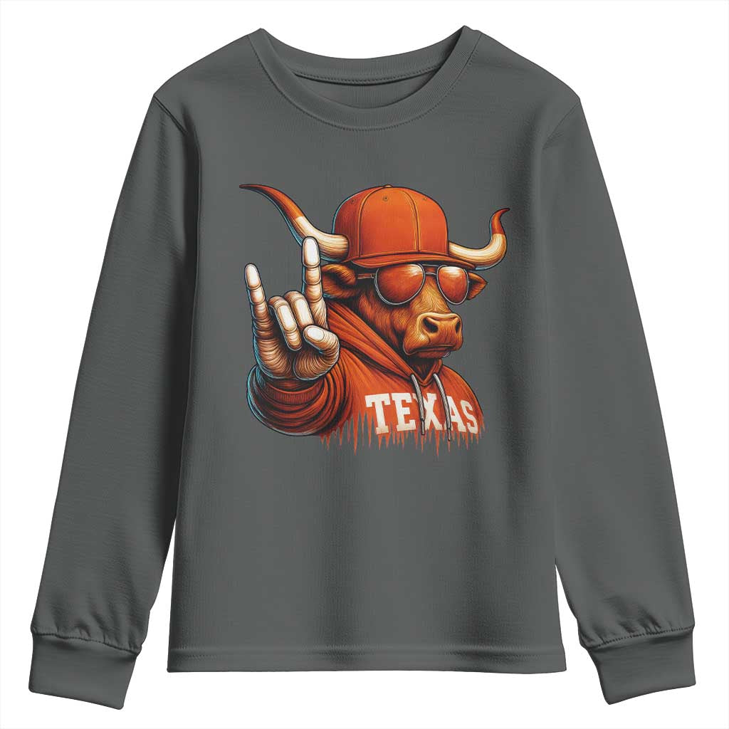 TFL Football Lover Youth Sweatshirt Orange Cow Rock Hand Sign TS11 Dark Heather Print Your Wear