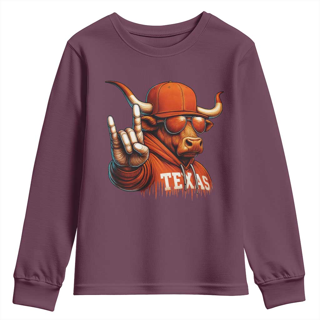 TFL Football Lover Youth Sweatshirt Orange Cow Rock Hand Sign TS11 Maroon Print Your Wear