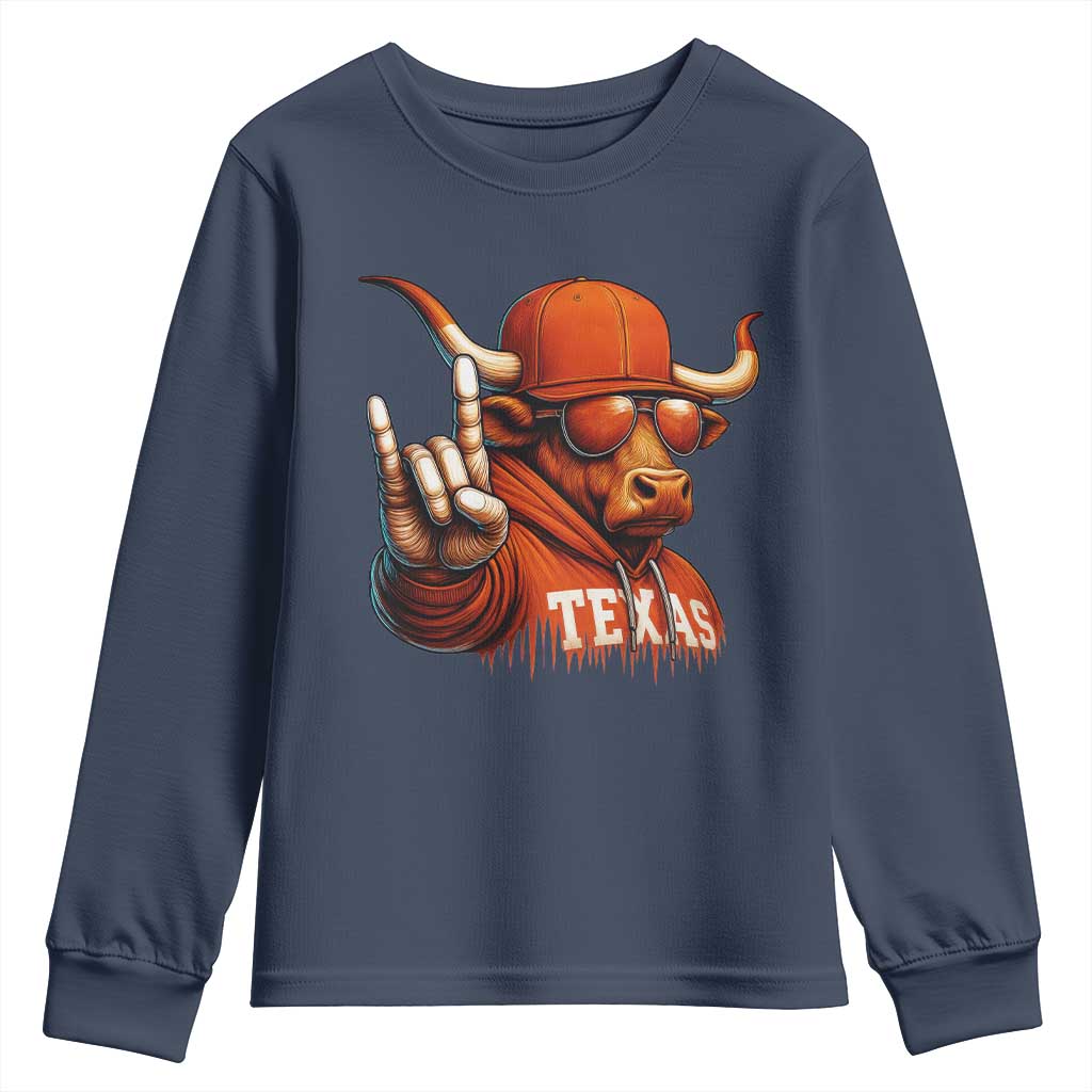 TFL Football Lover Youth Sweatshirt Orange Cow Rock Hand Sign TS11 Navy Print Your Wear