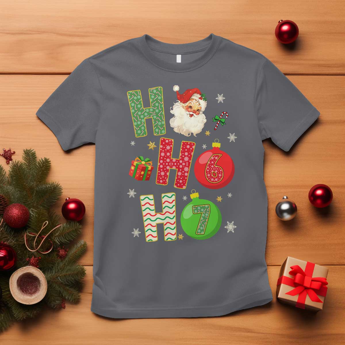 Funny Christmas Santa Ho Ho Ho 67 T Shirt Six Seven Meme 6 7 Xmas Bauble TS11 Charcoal Print Your Wear