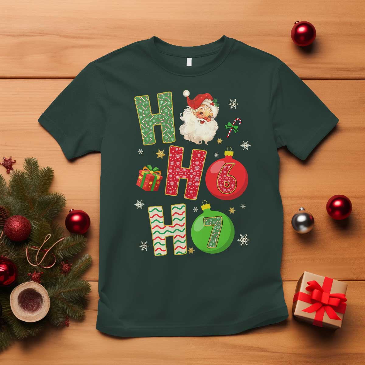 Funny Christmas Santa Ho Ho Ho 67 T Shirt Six Seven Meme 6 7 Xmas Bauble TS11 Dark Forest Green Print Your Wear