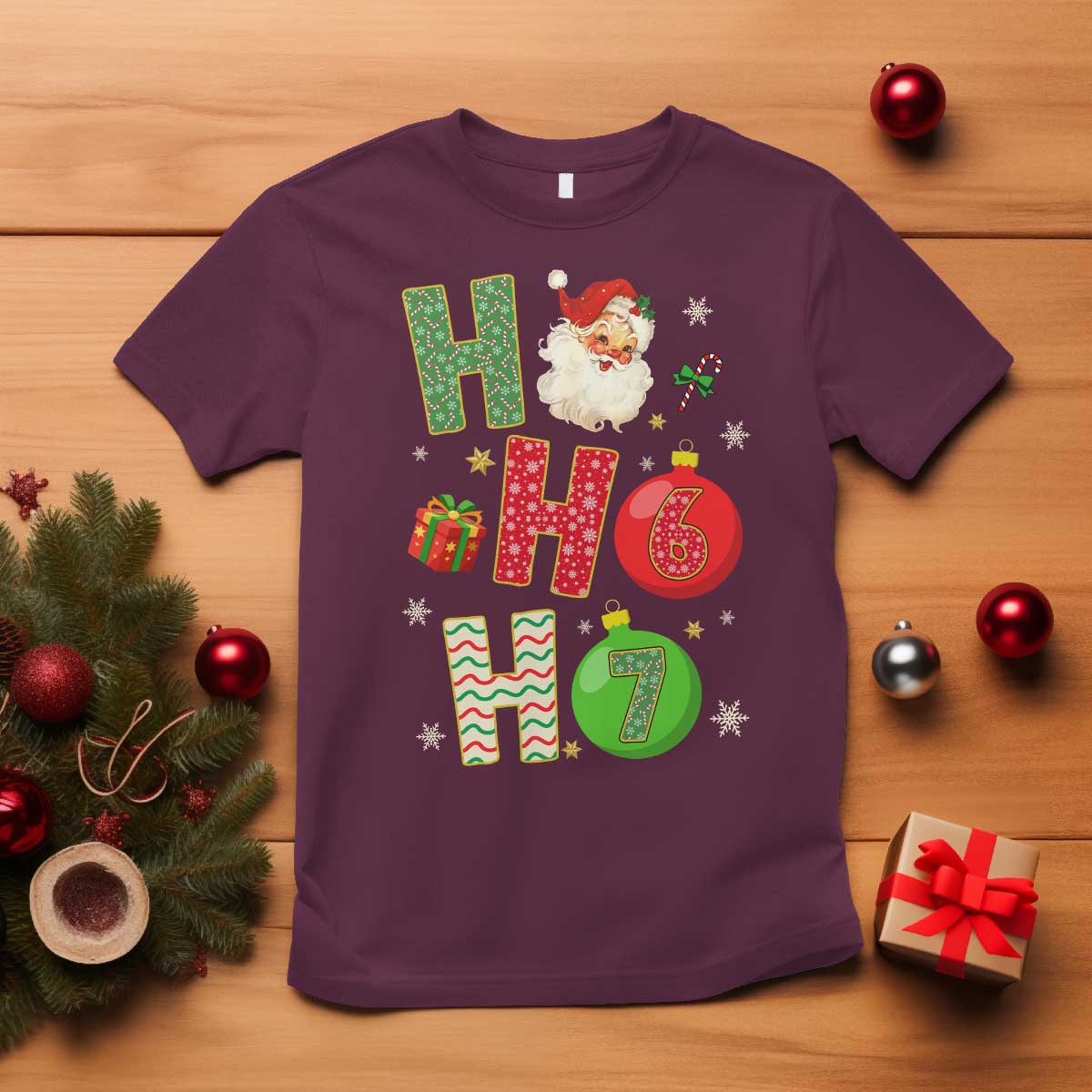 Funny Christmas Santa Ho Ho Ho 67 T Shirt Six Seven Meme 6 7 Xmas Bauble TS11 Maroon Print Your Wear