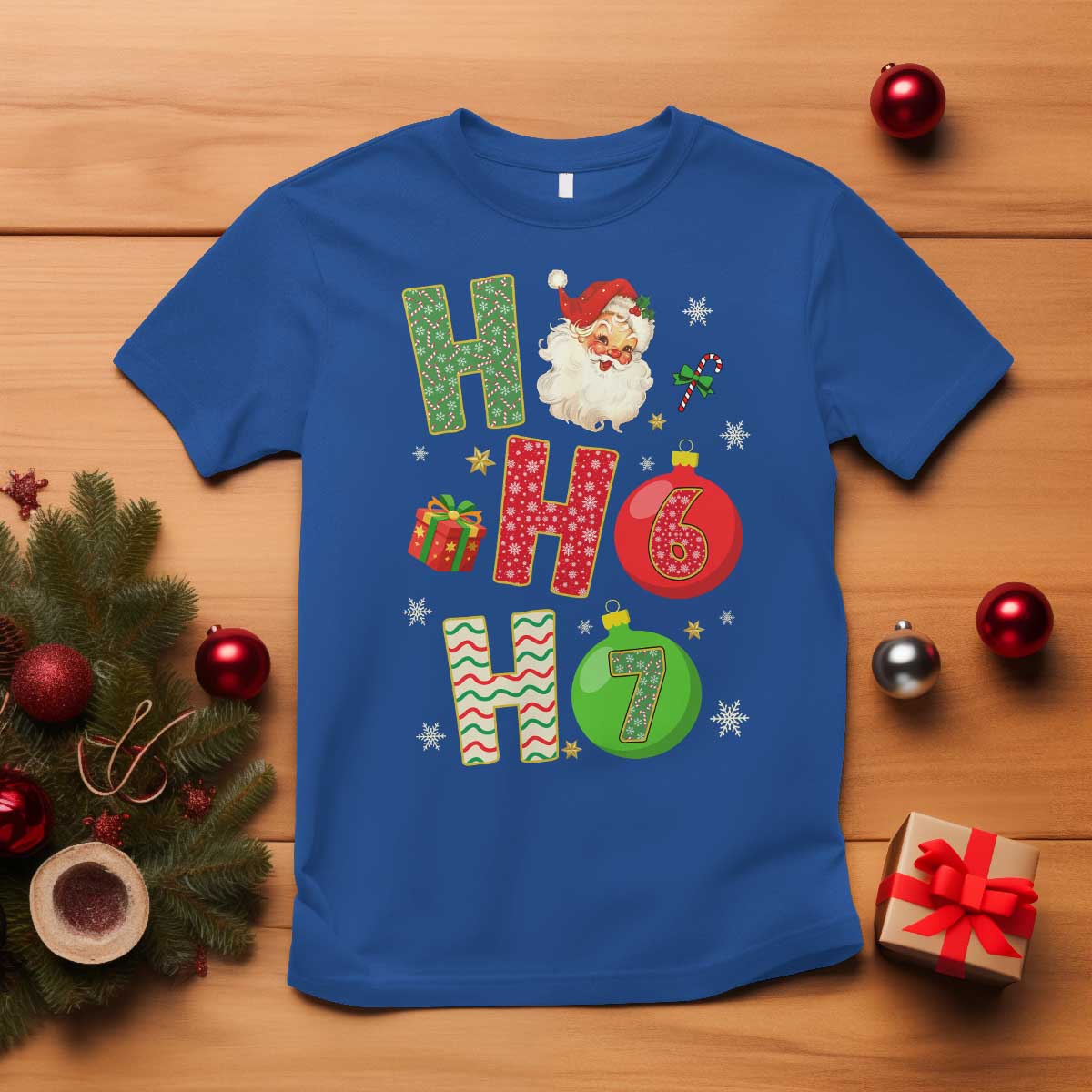 Funny Christmas Santa Ho Ho Ho 67 T Shirt Six Seven Meme 6 7 Xmas Bauble TS11 Royal Blue Print Your Wear