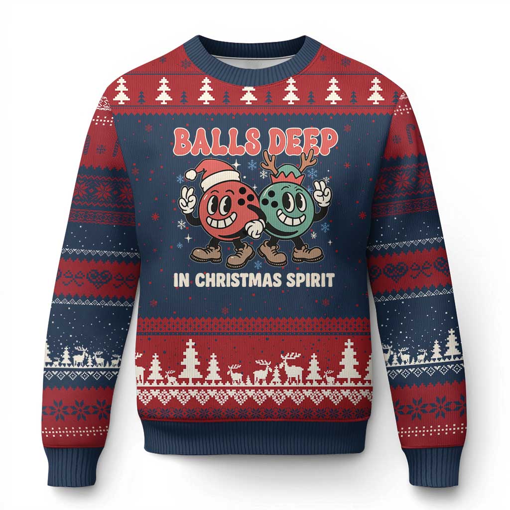 Funny Xmas Bowling Ugly Christmas Sweater Balls Deep In Xmas Spirit TS11 Navy Red Print Your Wear