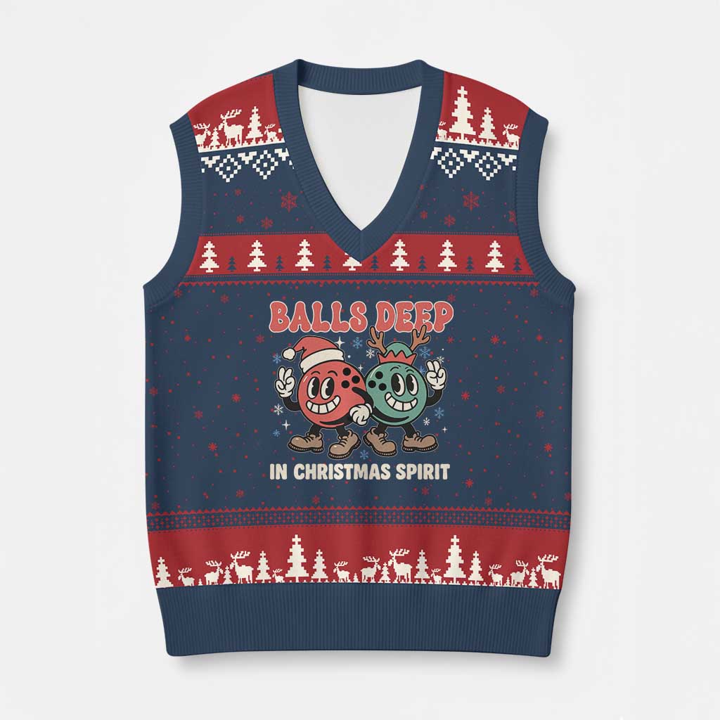 Funny Xmas Bowling V-Neck Knit Sweater Vest Balls Deep In Xmas Spirit TS11 Navy Red Print Your Wear