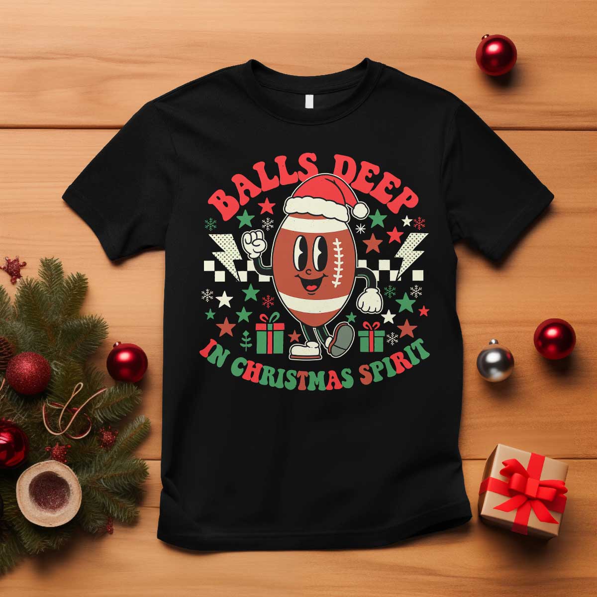 Funny Xmas American Football T Shirt Balls Deep In Christmas Spirit Game Day TS11 Black Print Your Wear