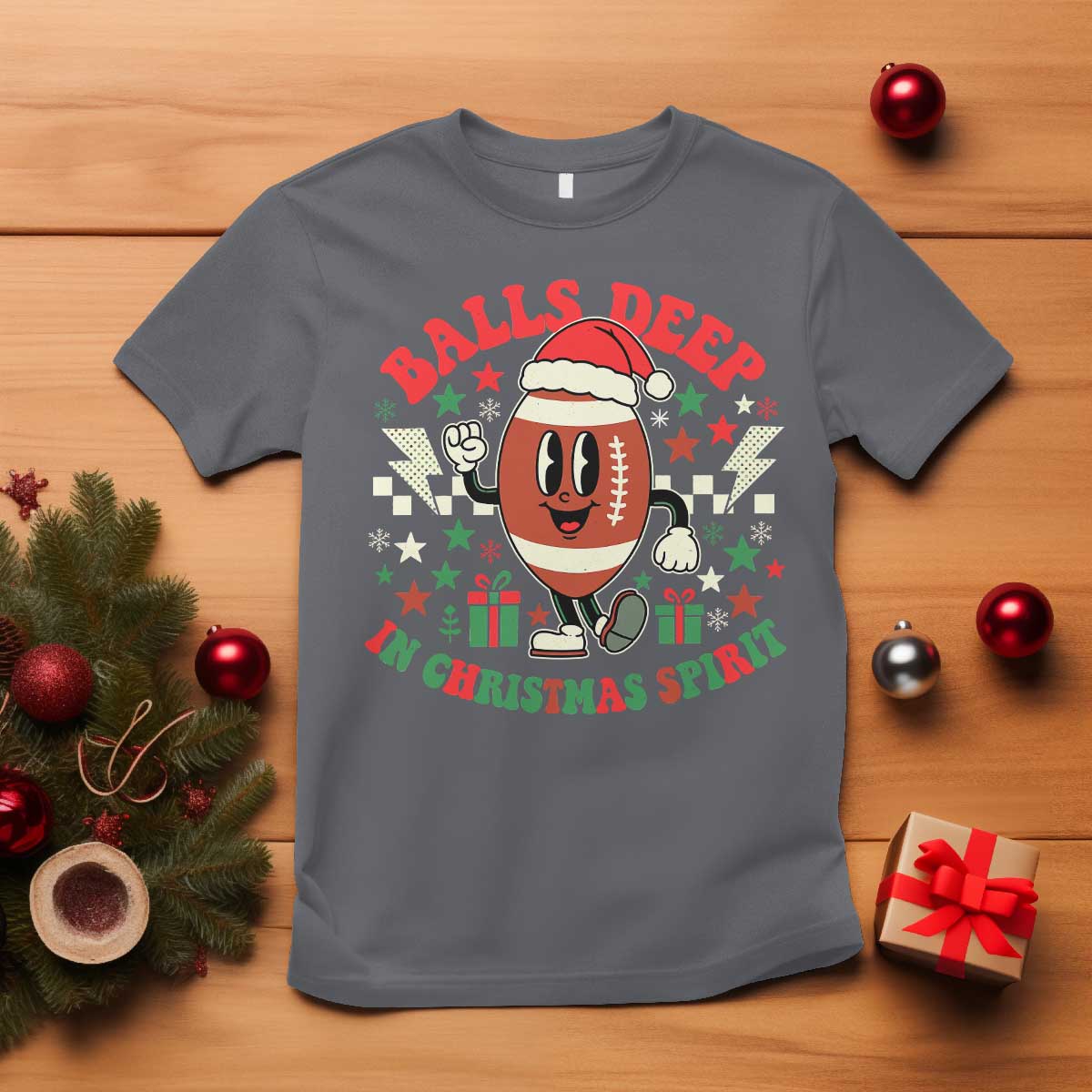 Funny Xmas American Football T Shirt Balls Deep In Christmas Spirit Game Day TS11 Charcoal Print Your Wear