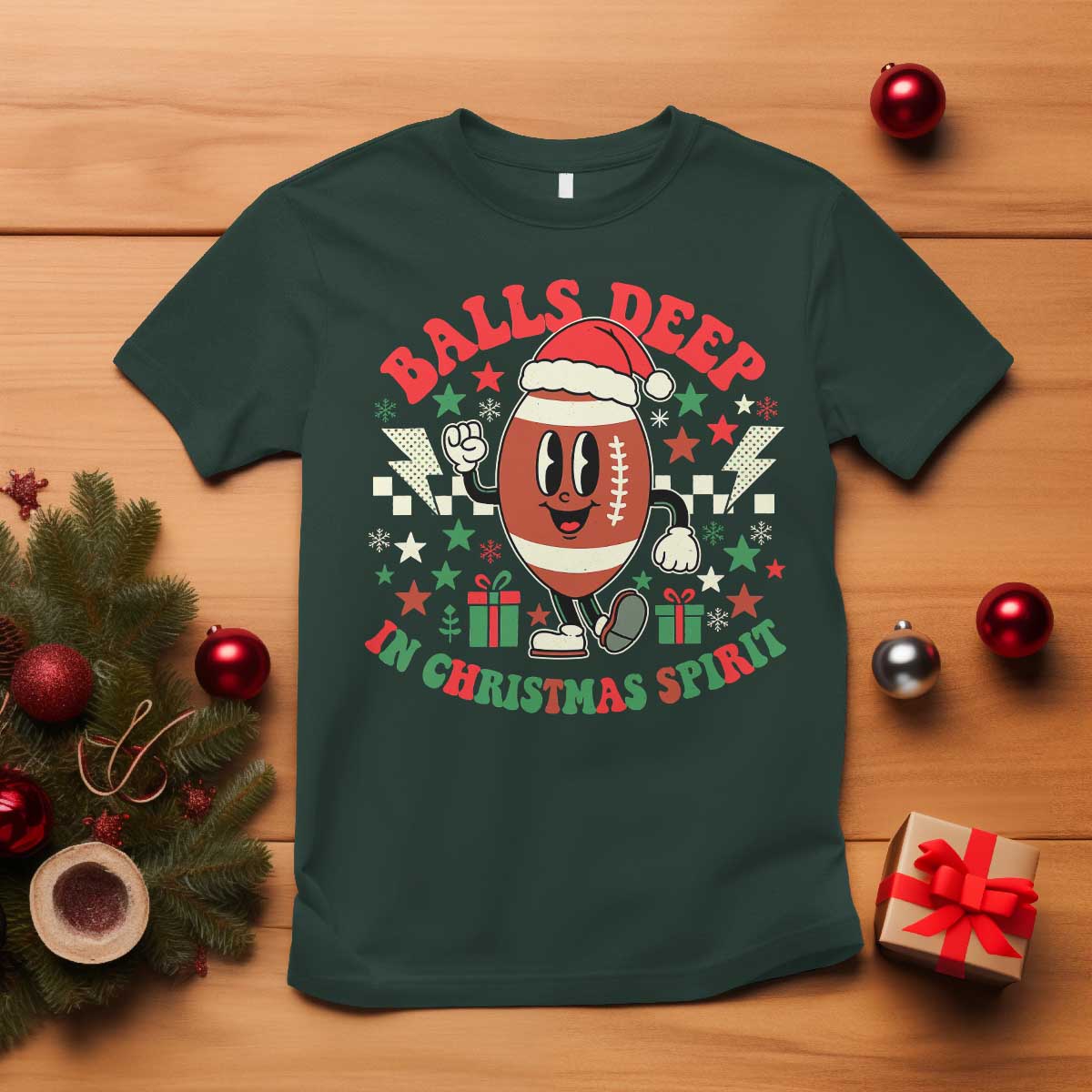Funny Xmas American Football T Shirt Balls Deep In Christmas Spirit Game Day - Print Your Wear