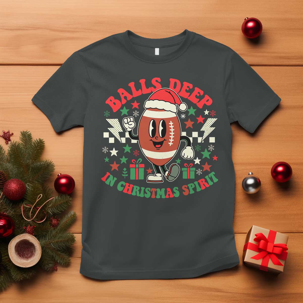 Funny Xmas American Football T Shirt Balls Deep In Christmas Spirit Game Day TS11 Dark Heather Print Your Wear