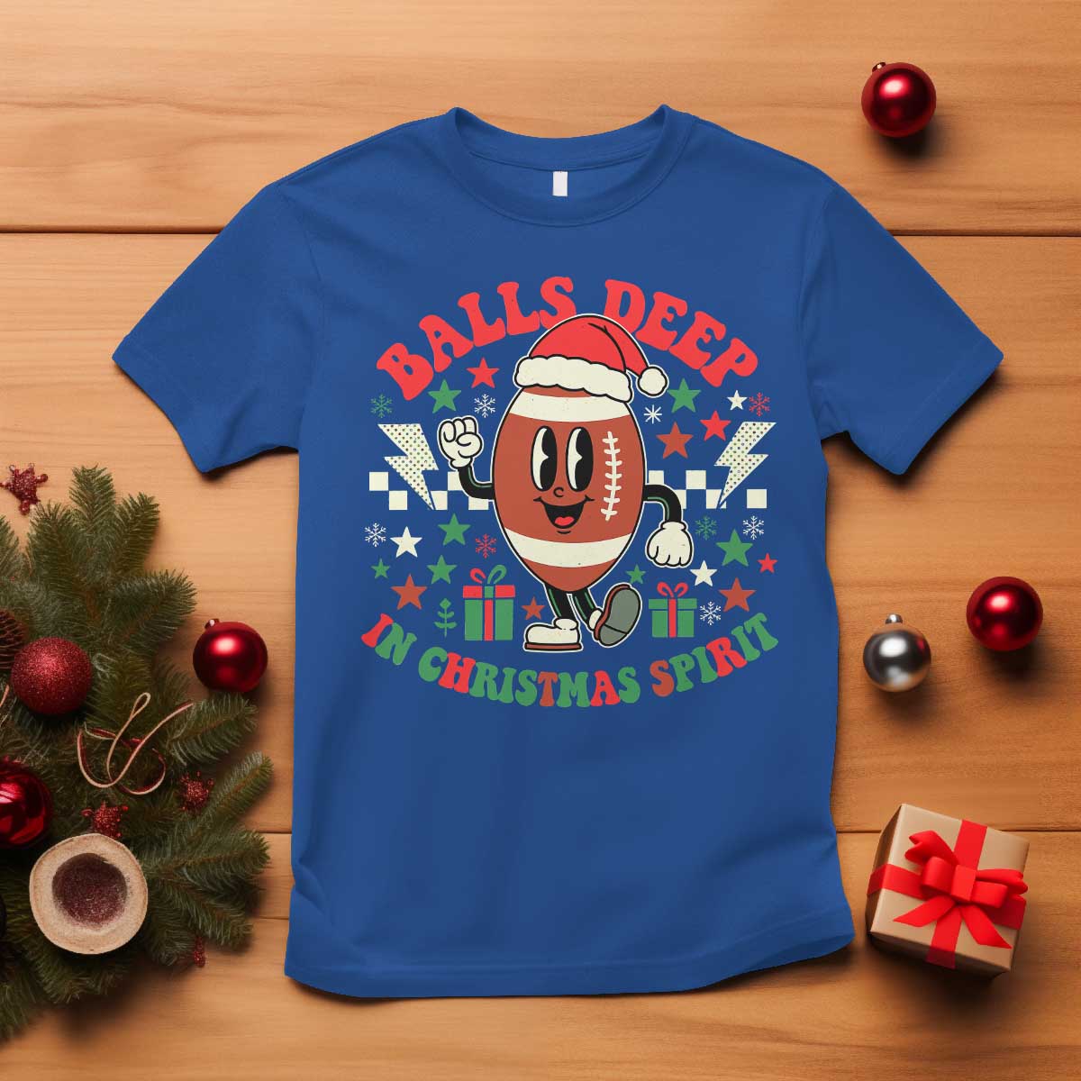 Funny Xmas American Football T Shirt Balls Deep In Christmas Spirit Game Day - Print Your Wear